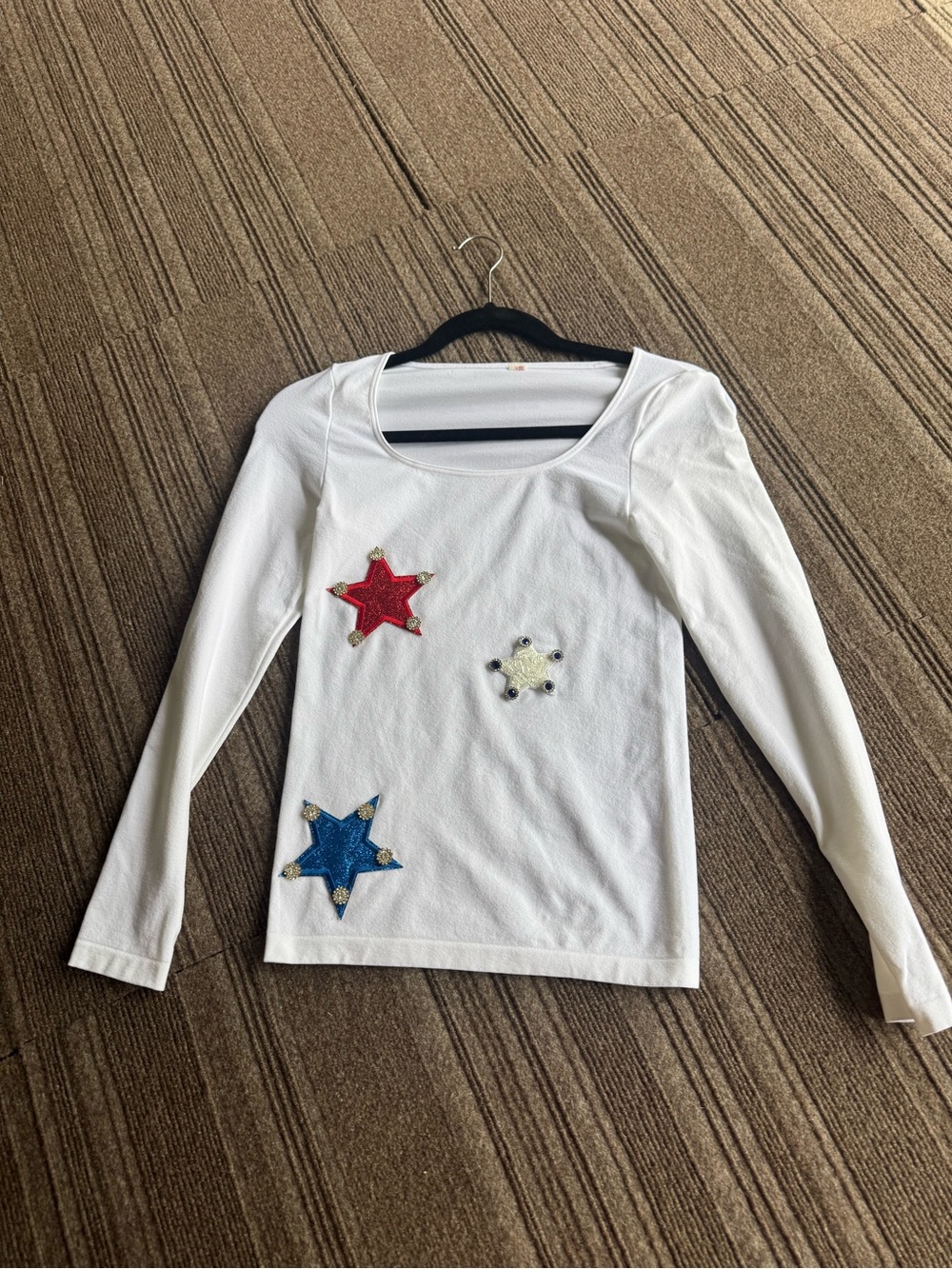 Girls' White Long-Sleeve Top with Red, Blue & Cream Star Appliqués